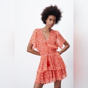 NWT Zara Printed Ruffled Floral Red Mini Dress Size Small